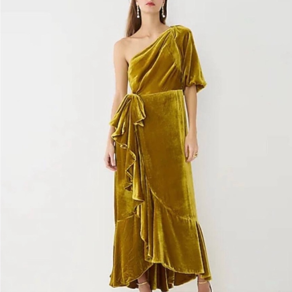 NWT J. Crew One-Shoulder Velvet Dress in Mustard